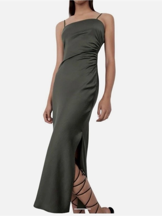 Zara Dresses & Skirts - Zara Satin Midi Slip Dress Ruched Side Spaghetti Straps Emerald Green Size XS